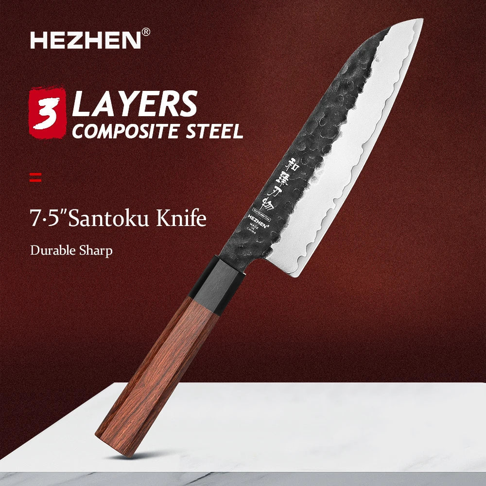 HEZHEN 1PC-5PC Kitchen Knife Set Chef Utility Stainless Steel 3 Layers Composite Steel Santoku Nakiri Kitchen Accessories